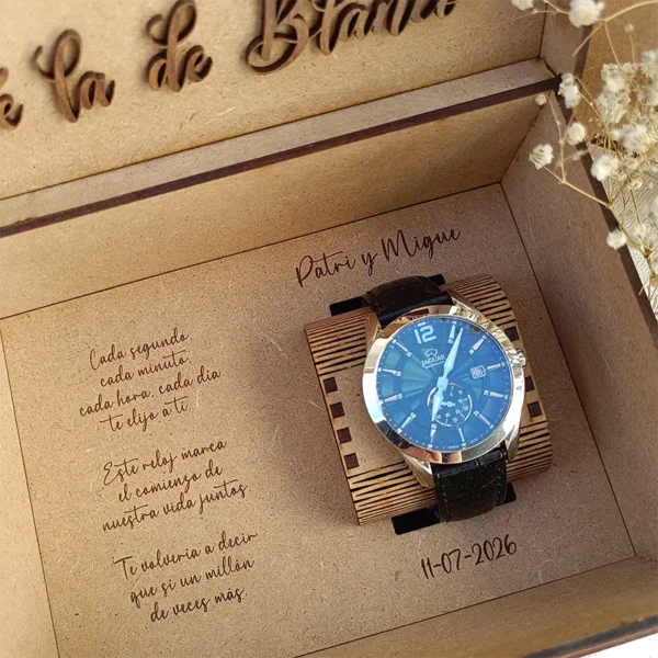 Caja de madera personalizada para reloj – Futuro esposo dedicatoria