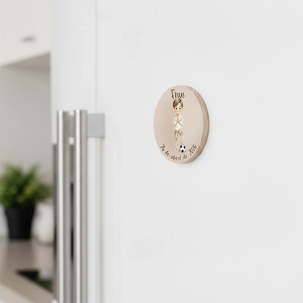 Abrebotellas de madera redondo niño comunión fútbol Abrebotellas de madera redondo niño comunión fútbol