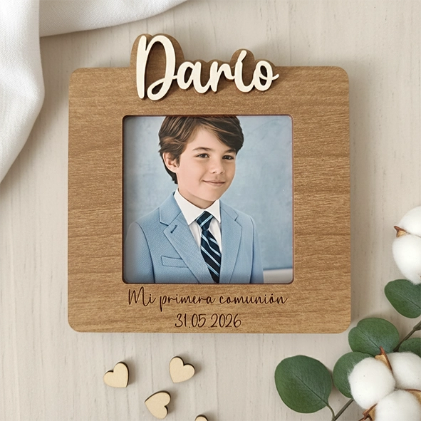 Recordatorio comunión personalizado marco de madera con relieve
