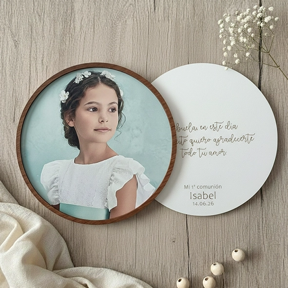 Recordatorio comunión redondo madera con trasera Recordatorio comunión redondo madera